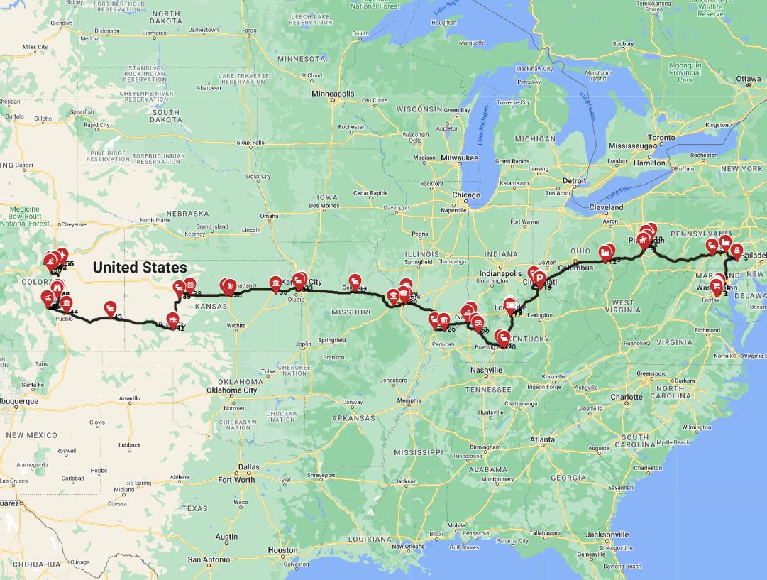 RV trip route from Washington DC to Denver